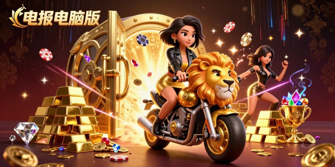 体验令人兴奋的电报电脑版世界，华丽角色骑着金狮， surrounded by casino treasures。