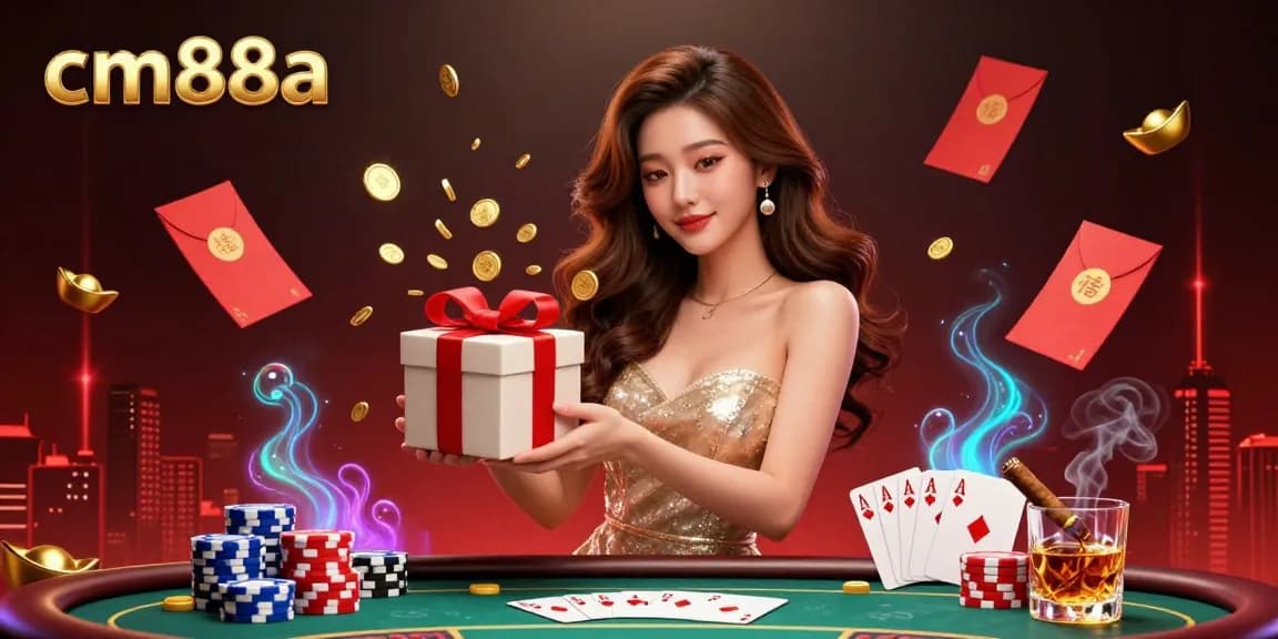 Engage with cm88a's vibrant casino scene featuring a welcoming Asian woman amid festive treasures.
