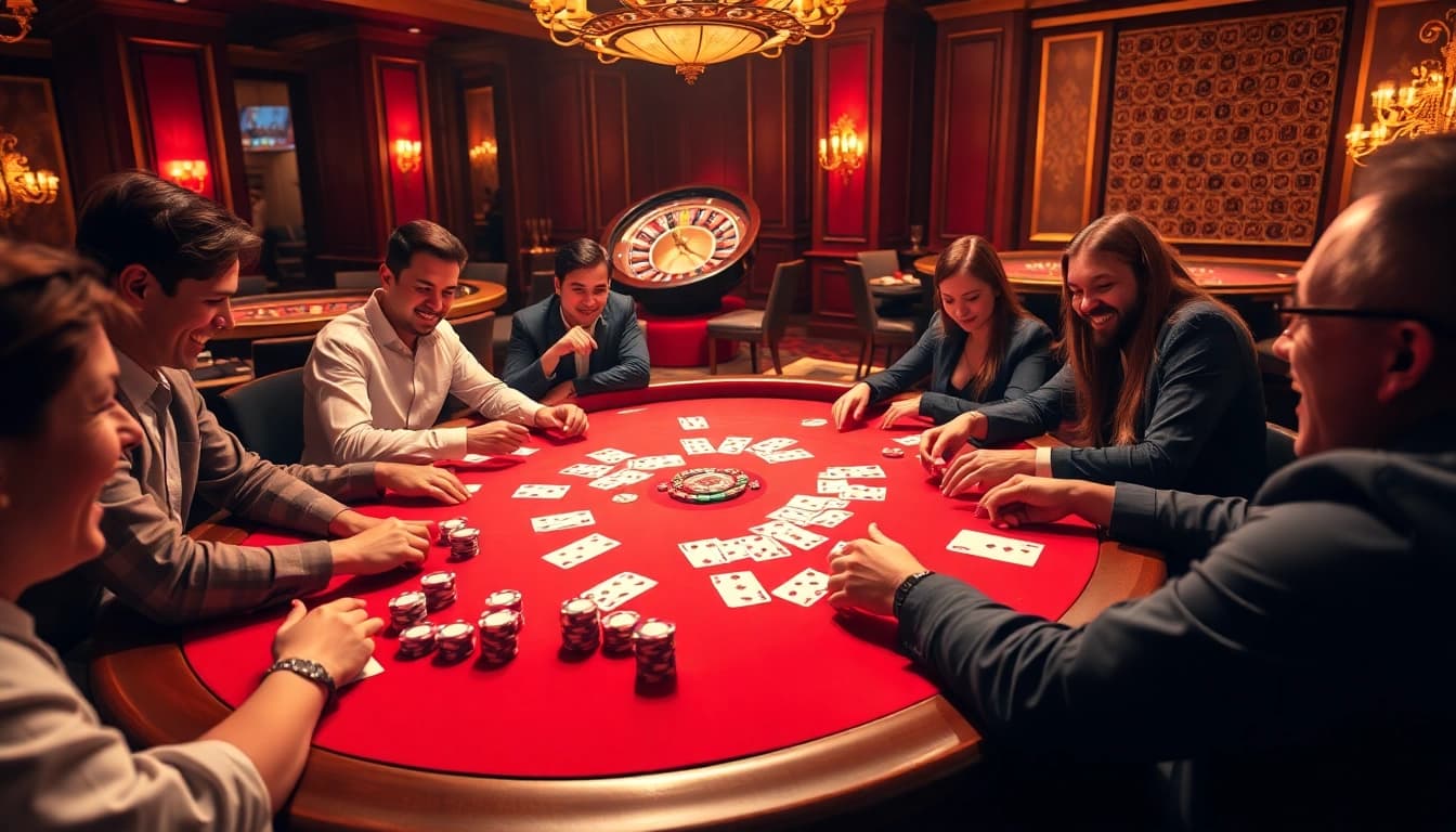 Engaging poker scene at a Crickex casino, showcasing bright poker chips and active players.