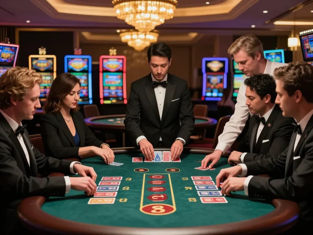 Players engaged at LC88 baccarat table in a sophisticated casino atmosphere with soft ambient lighting