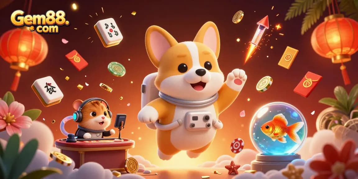 Experience a thrilling adventure on Gem88. com with a dynamic casino scene featuring fun characters and games.