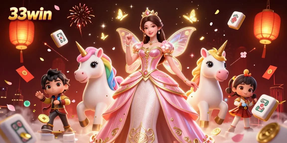 33win embodies vibrant casino excitement with stunning visuals of a glamorous woman and a unicorn amidst floating game elements.