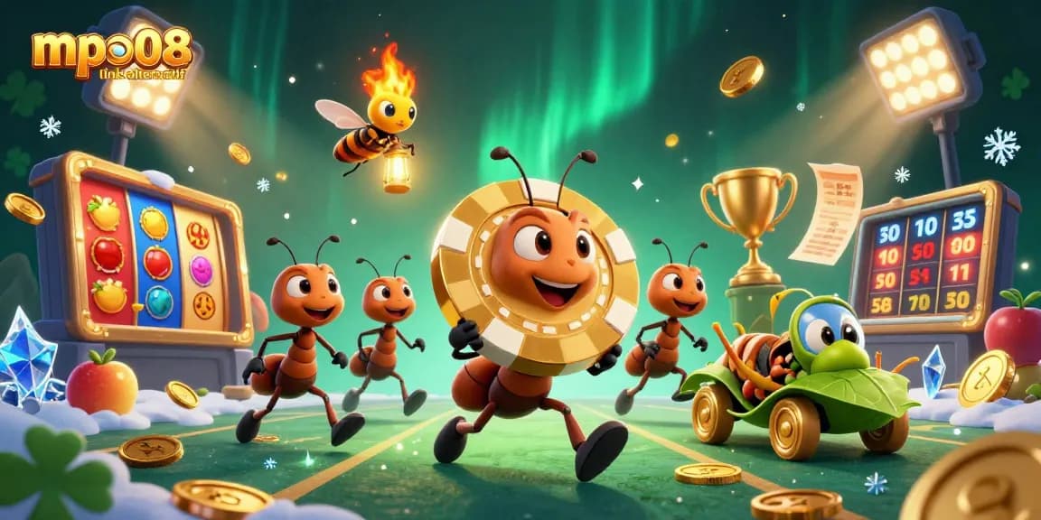 Engage with the mpo08 link alternatif heist scene featuring playful ants, golden poker chips, and spinning slot reels.