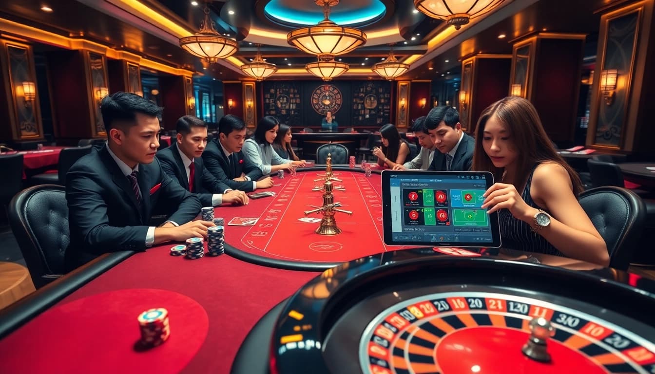 Kèo nhà cái scene showing gamblers engaged at a poker table with vibrant cards and chips.