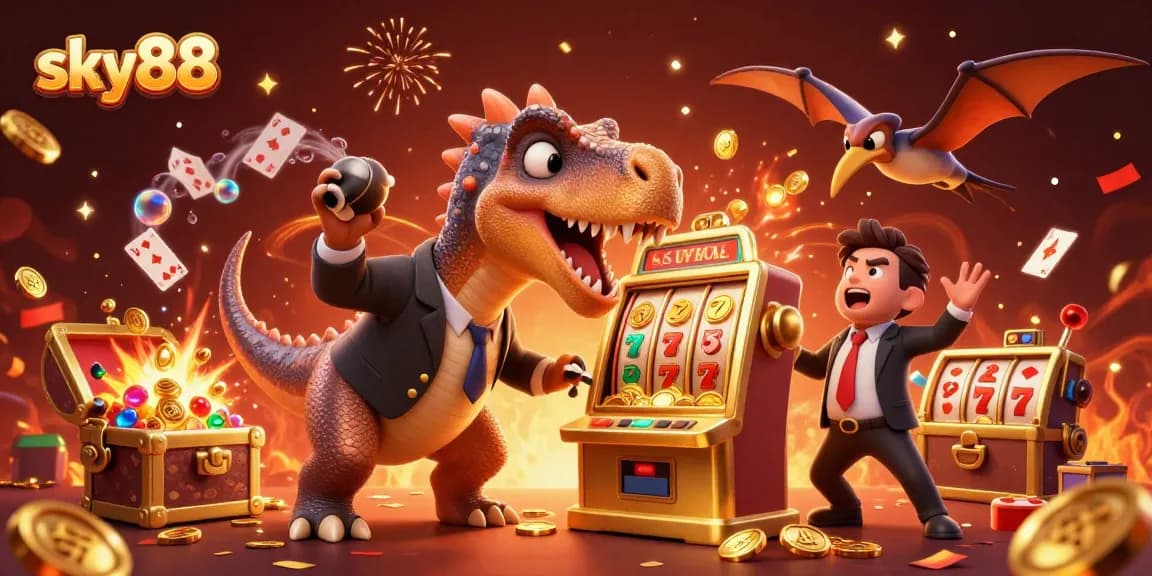 Experience thrilling moments at sky88 with a pachycephalosaurus winning gold coins from a slot machine.