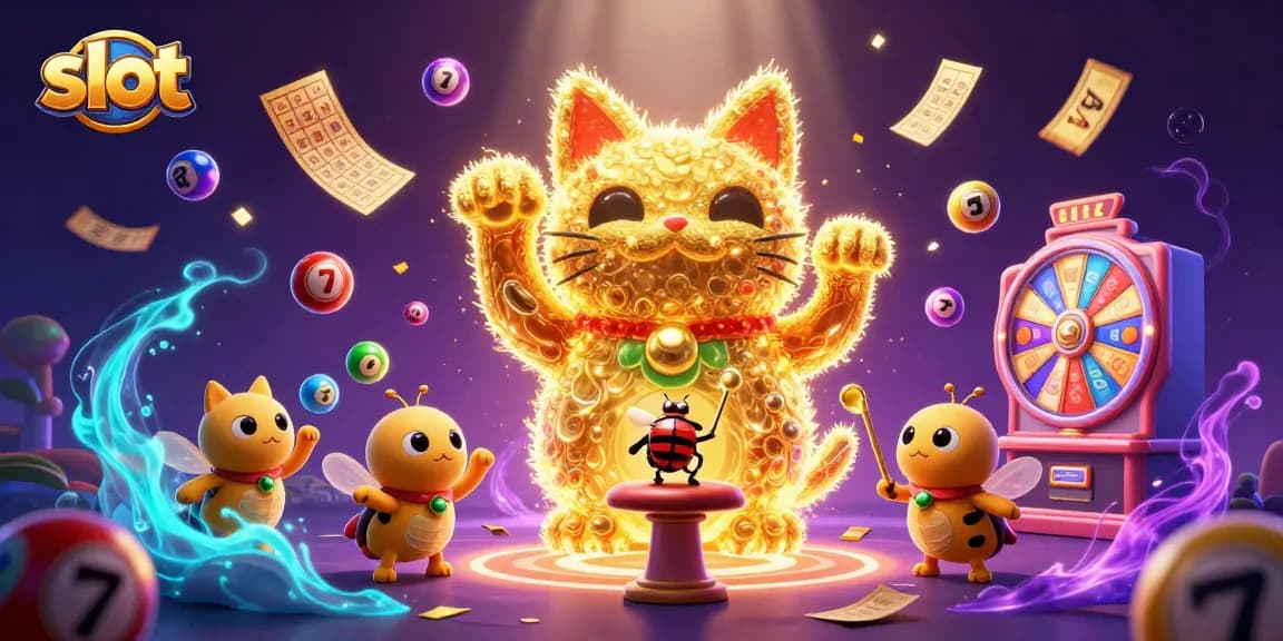 Spin slots and catch jackpots in an exciting lucky cat-themed illustration.