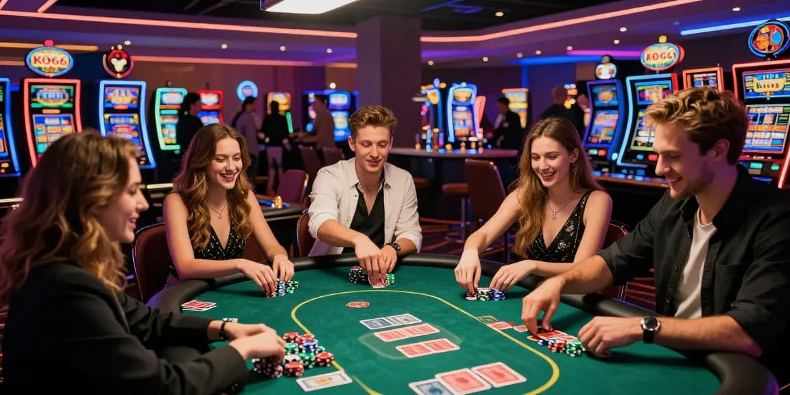 Exciting KO66 Casino scene with friends celebrating a poker win amid vibrant neon lights and lively atmosphere.