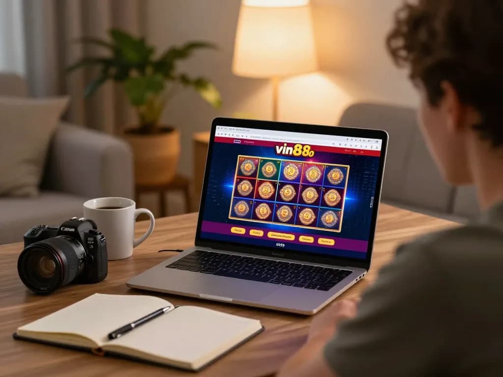 Engaging gameplay at vin88 club showcasing laptop with vibrant slots interface and strategic planning elements.