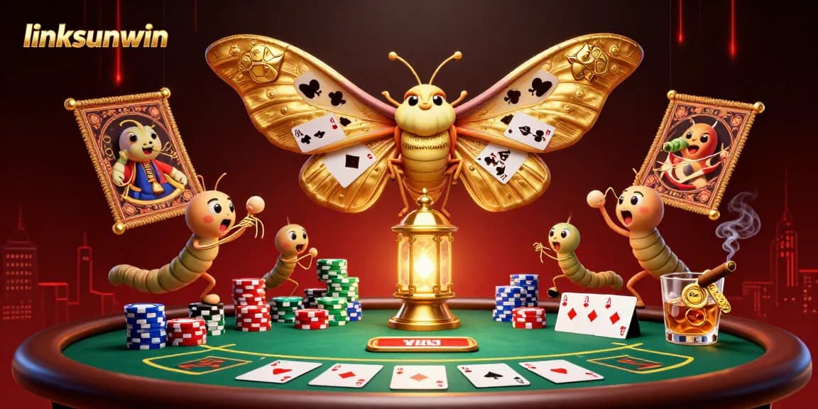 Experience thrilling wins with linksunwin at a vibrant poker table featuring an incredible 3D moth illustration.