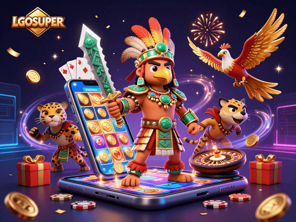 Engage with LGOSUPER's vibrant gaming scene featuring an Aztec warrior, exhilarating casino elements, and festive visuals.