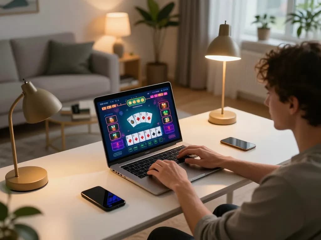 Engaging in online casino gaming with ok win app on a laptop in a cozy living room