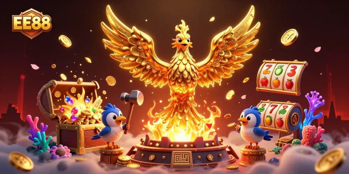 Win exciting rewards with EE88, featuring dynamic slots and vibrant 3D elements in a rich casino scene.