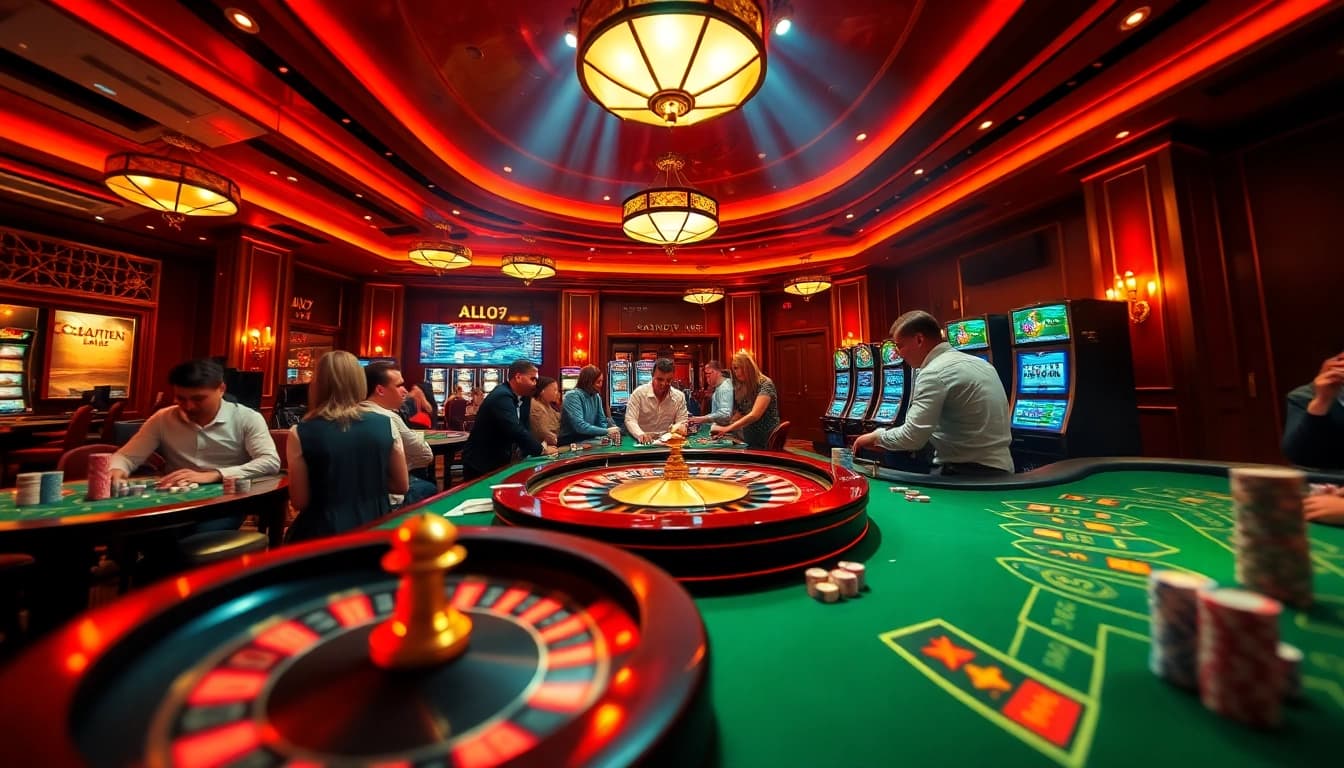 A thrilling ALO789 casino experience showcasing players at roulette tables and vibrant slot machines.