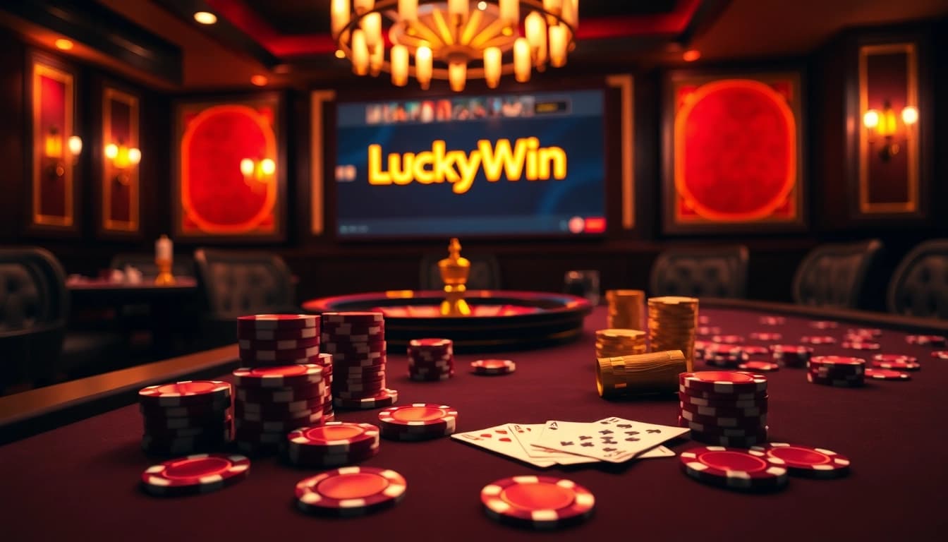Engaging visualization of a luxurious casino scene promoting LuckyWin with poker chips and cards.