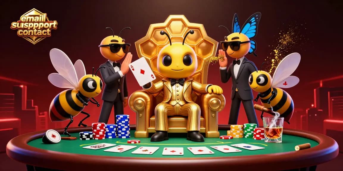 Experience the excitement at emailsupport-contact with a vibrant 3D digital casino scene featuring a bumblebee mob boss and poker elements.