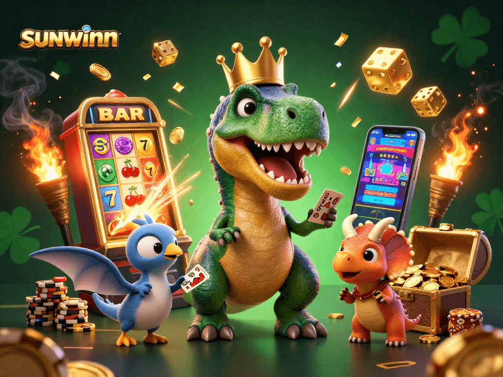 Experience sunwinn with a vibrant scene of characters celebrating a casino jackpot explosion, showcasing fun and excitement.