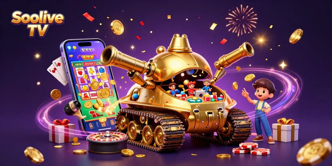 Engage with Socolive TV, featuring a golden beetle casino tank, thrilling gaming elements, and vibrant celebration.