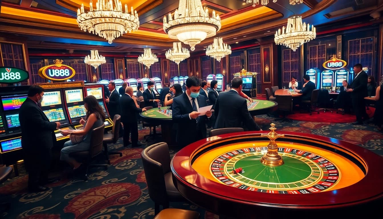 Exciting U888 casino atmosphere with roulette, professional dealers, and vibrant gaming.