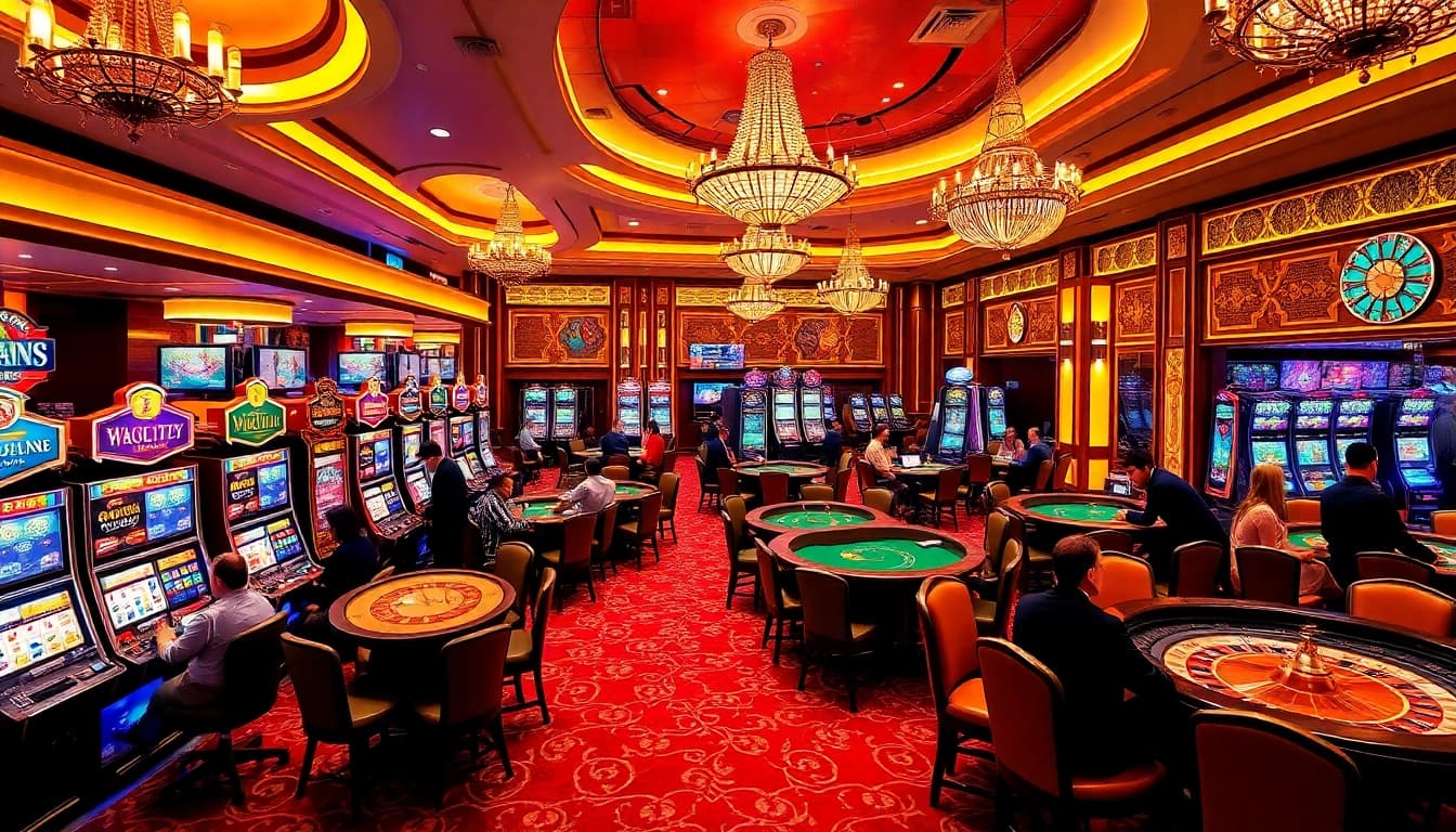 Engage in the excitement of go99 at a luxury casino filled with vibrant gaming tables and slot machines.