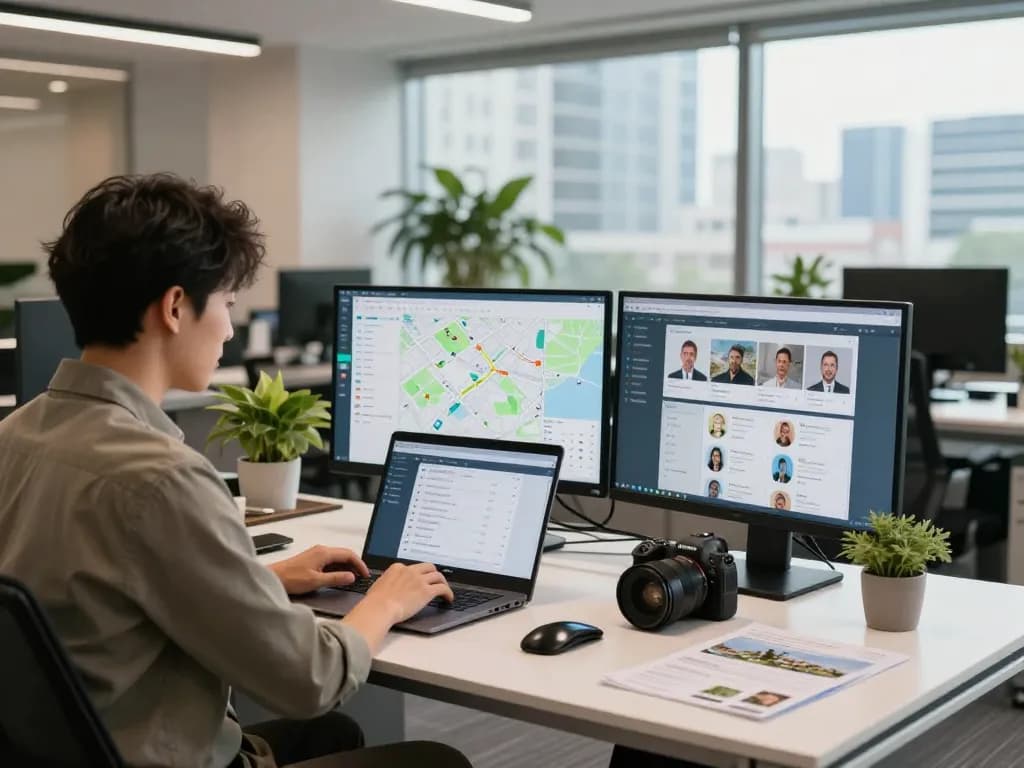 Gestionnaire de propriété professionnel analysant la gestion de propriétés dans un bureau moderne.