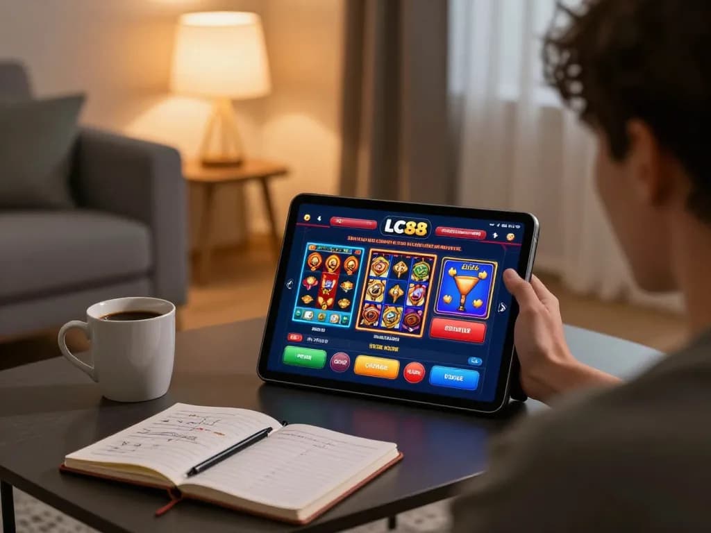 Engaging with LC88 online casino interface, showcasing exciting gaming options in a cozy home setting.