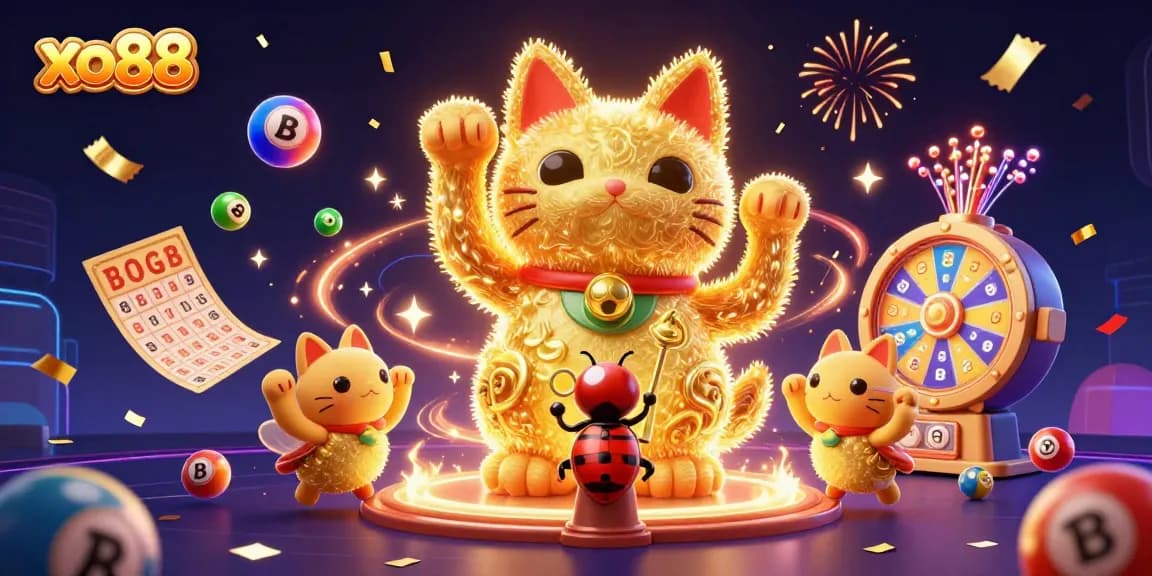 Experience thrilling action with xo88's dynamic golden lucky cat and vibrant casino elements.