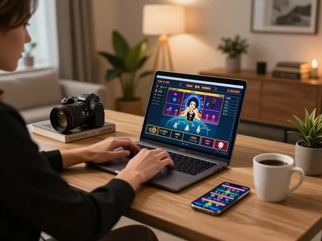 Playing u888 online casino games on a stylish laptop in a cozy home office.