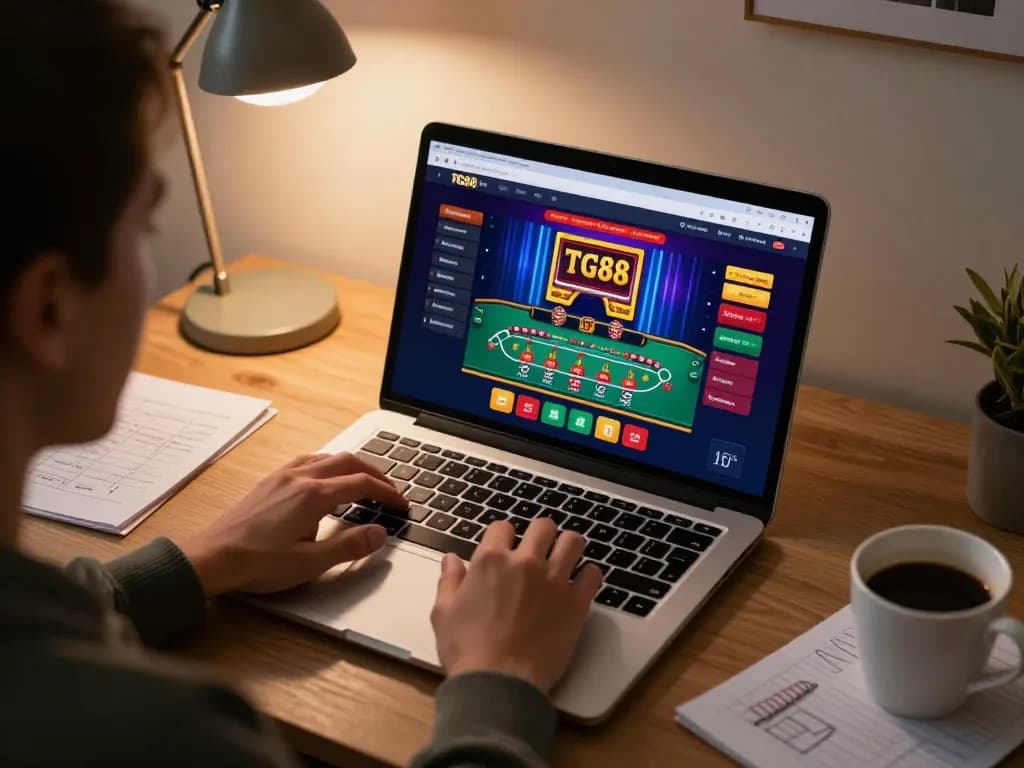 TG88 player engaging with laptop at home casino setup, showcasing blackjack gameplay.