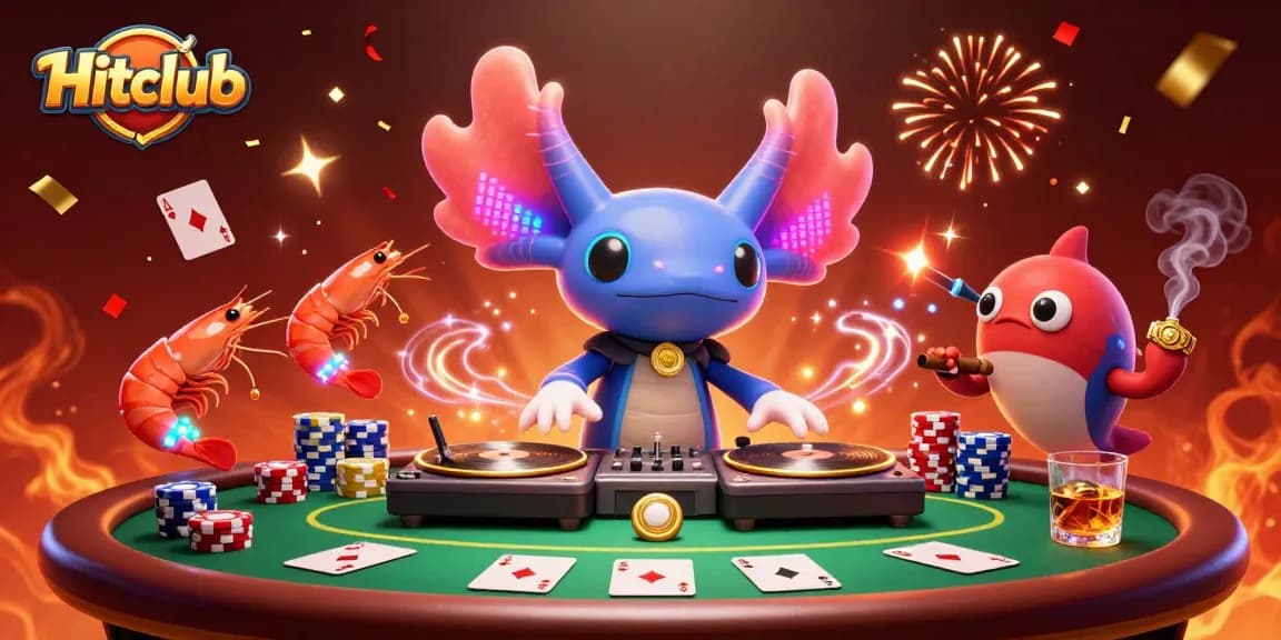 Engage with the vibrant Hitclub gaming scene featuring animated characters and energetic casino elements.