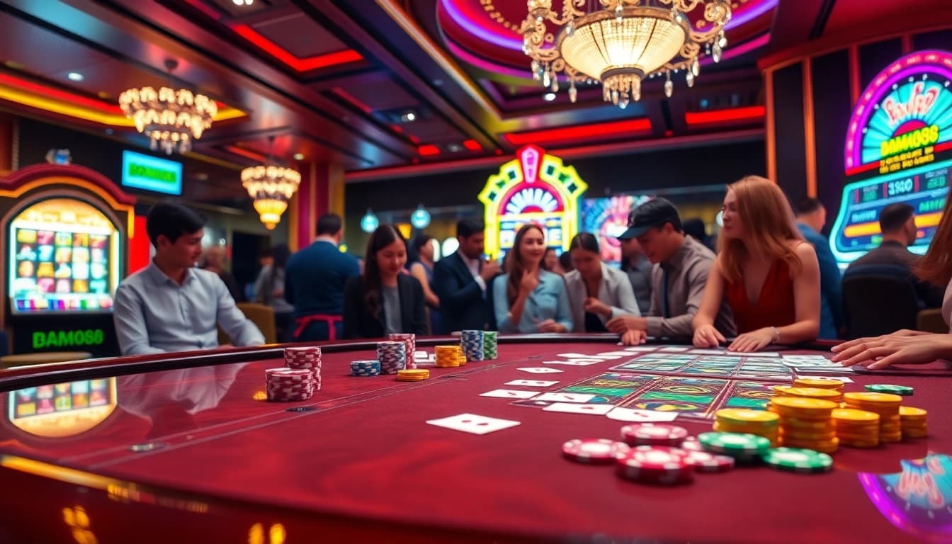 BROMO888 casino scene featuring vibrant poker gameplay and colorful slot machines.