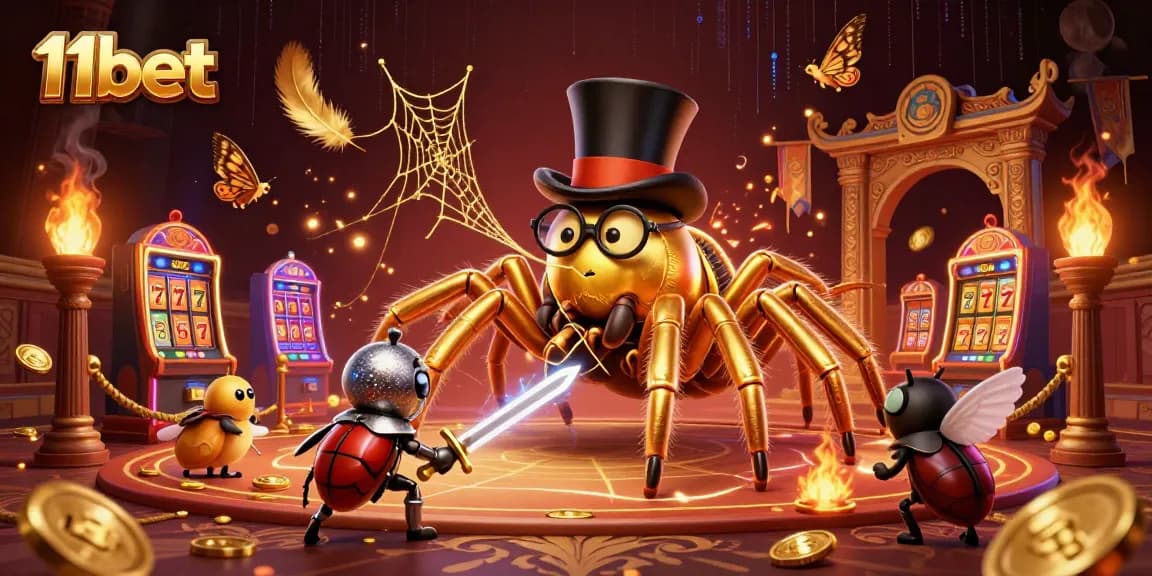 Engage with 11bet's vibrant casino scene featuring a golden tarantula and beetle knight.