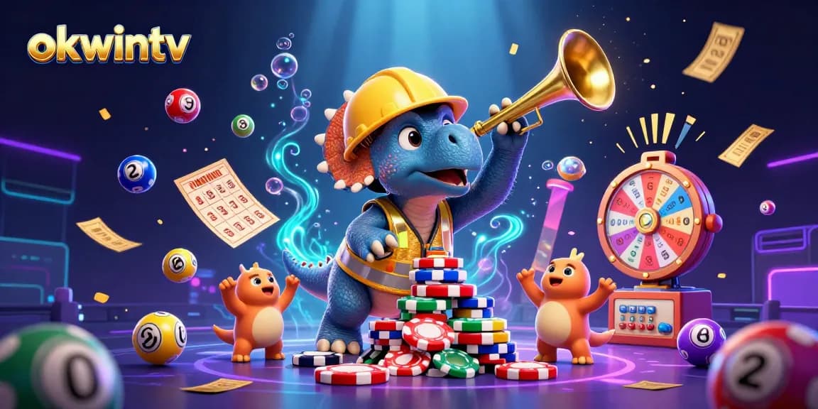 Experience exhilarating gambling with okwintv as cartoon characters celebrate amidst dynamic lottery elements.