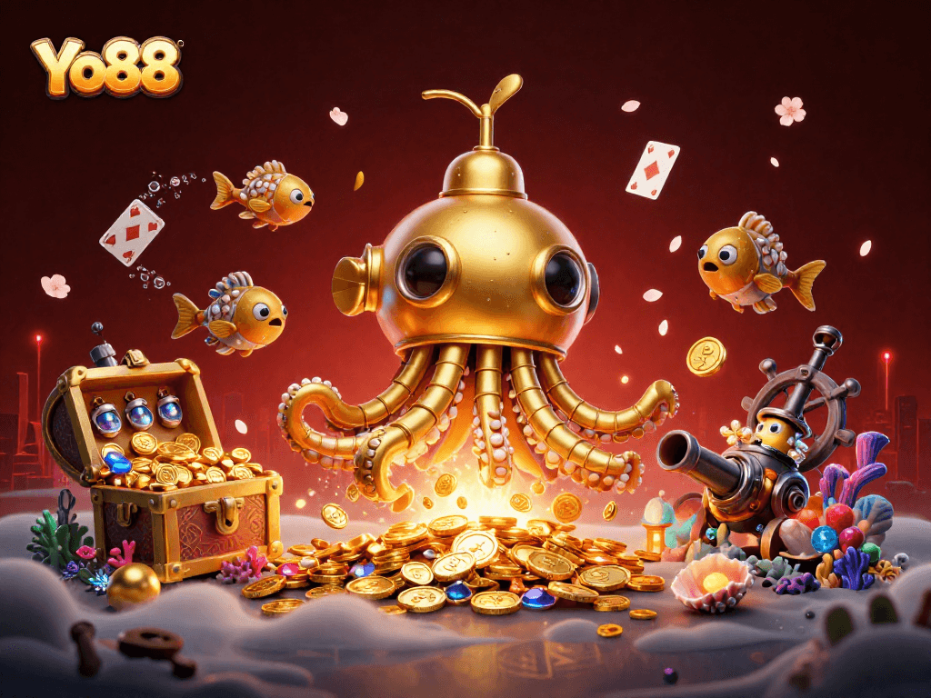 Experience thrilling gameplay with Yo88 in this vibrant 3D casino illustration featuring underwater treasure.