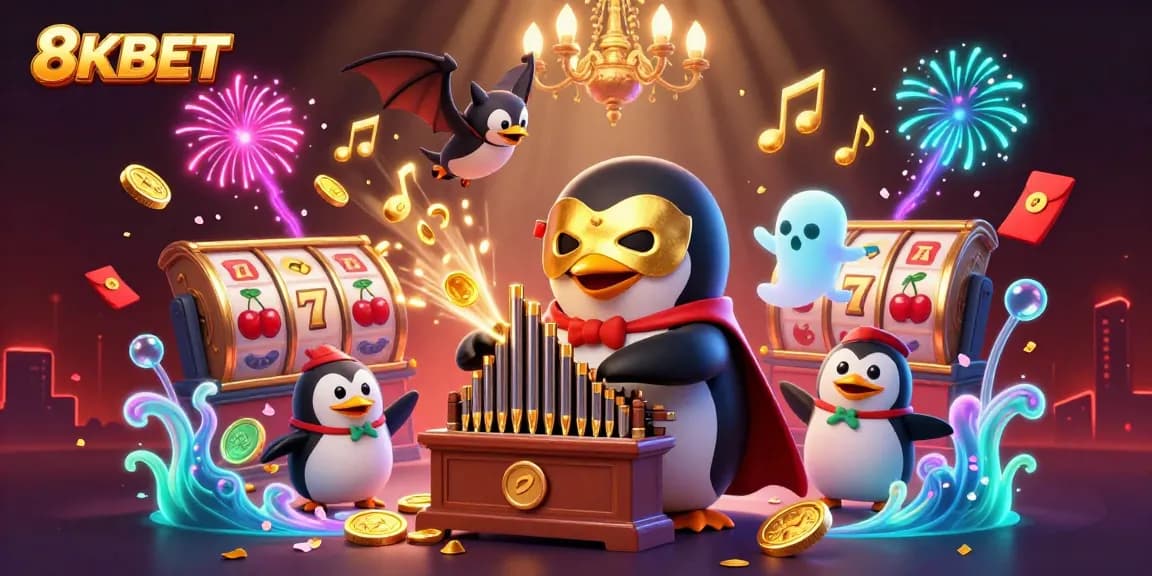 Engage with 8KBET's thrilling casino experience as the penguin plays while slot reels spin surrounded by gold coins.