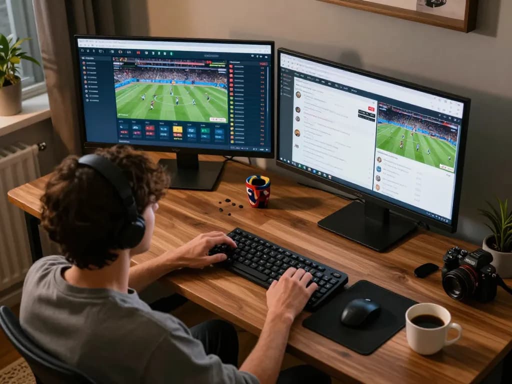 Person engaging in online sports betting at home with SC88 interface and live game feeds visible.