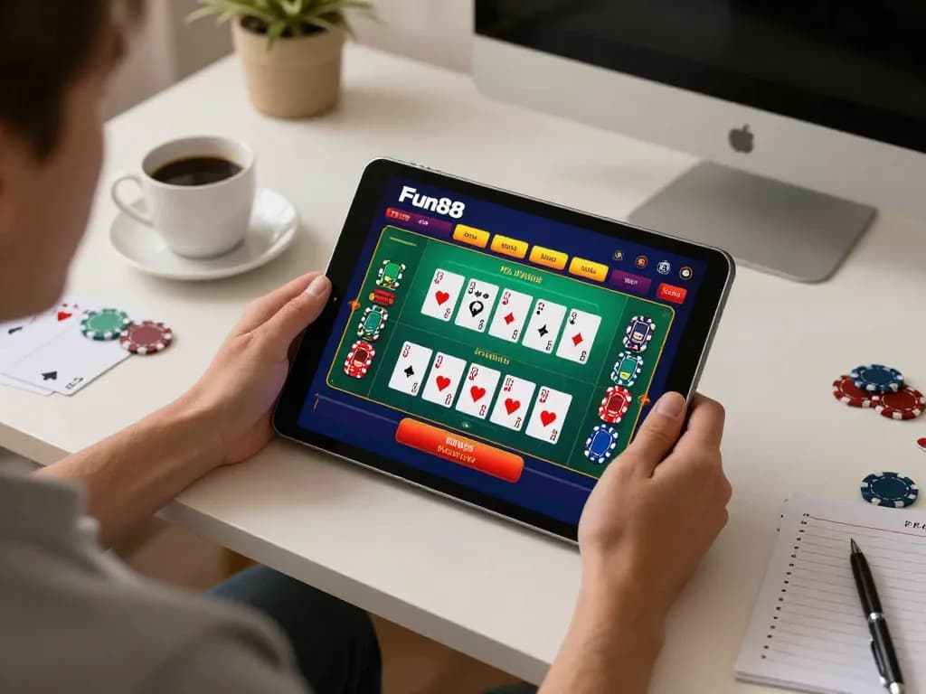 Enjoying Fun88's online gaming interface at home, showcasing poker cards and chips in a cozy setup