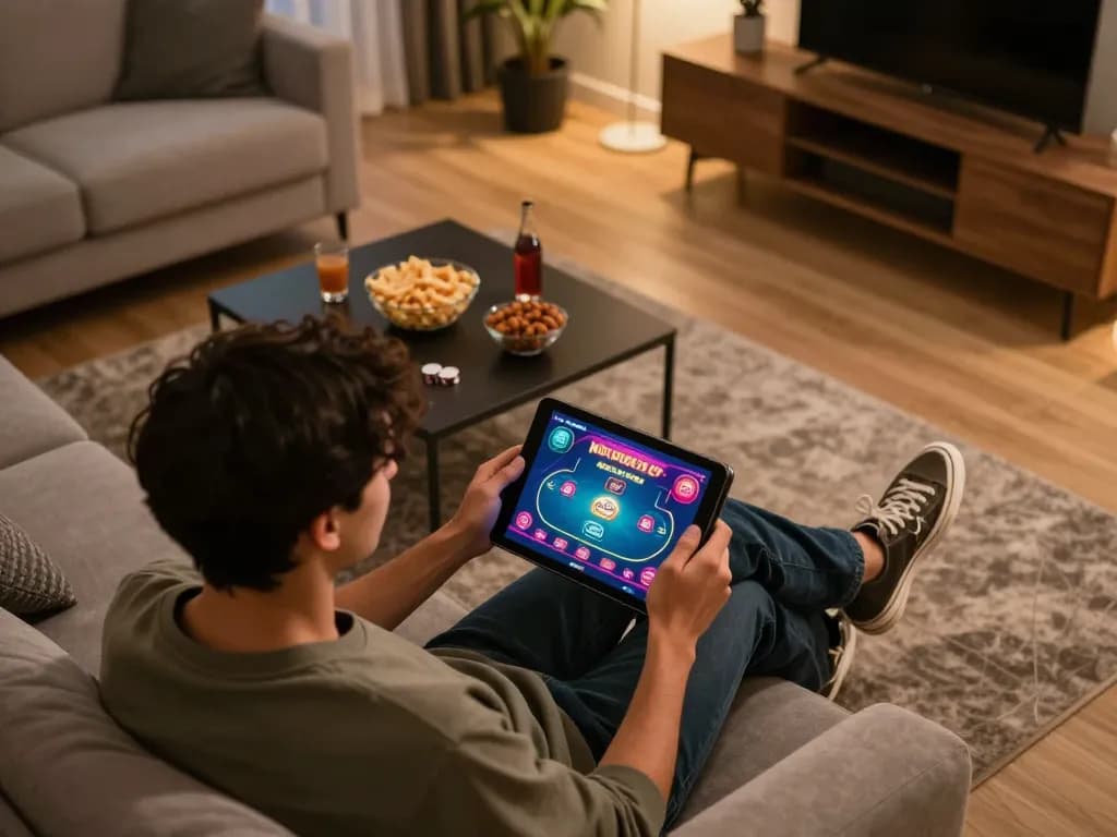 Engaging in online gaming at home with rr99t, vibrant poker interface displayed on tablet