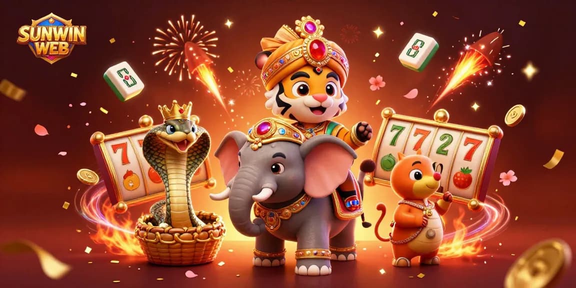 Experience the excitement of SUNWIN WEB with this vibrant 3D illustration featuring a maharaja tiger and gaming elements.