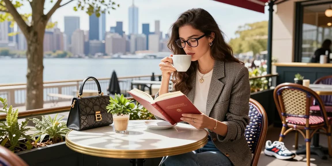 Young woman with stylish óculos de grau enjoying a latte in a vibrant café.