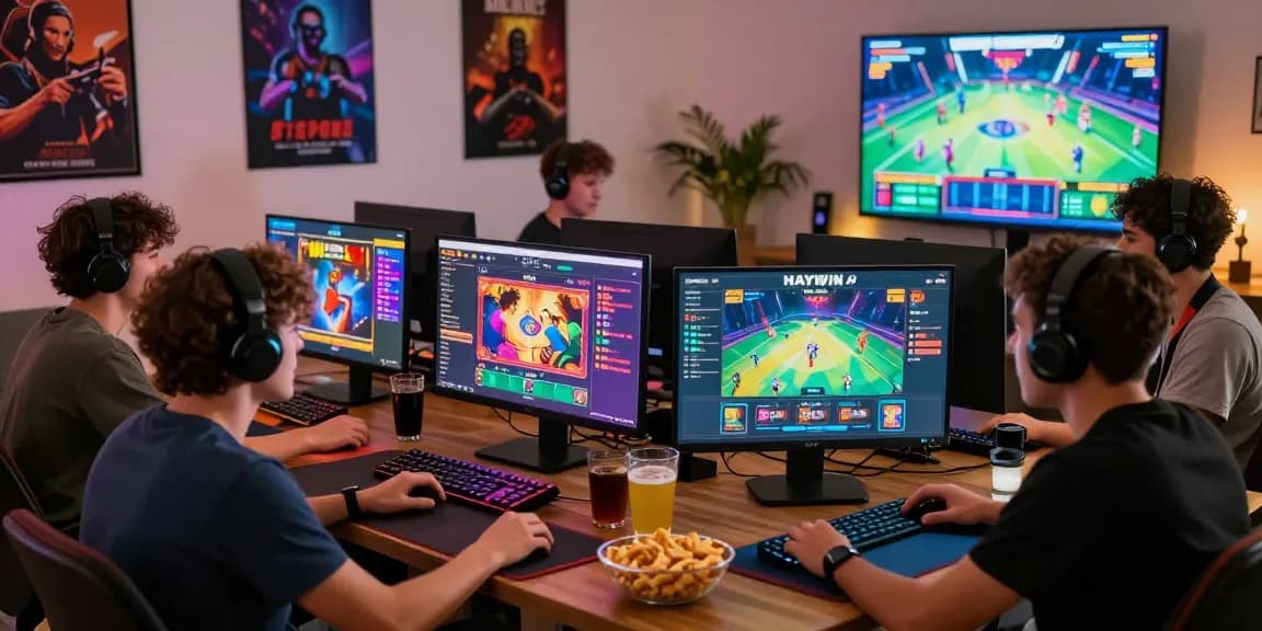 Friends enjoying an exciting gaming session on HAYWIN, showcasing vibrant game graphics and engaging atmosphere.