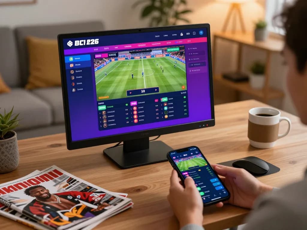 Kèo nhà cái sports betting action showing a player engaged with live odds in a cozy home environment.