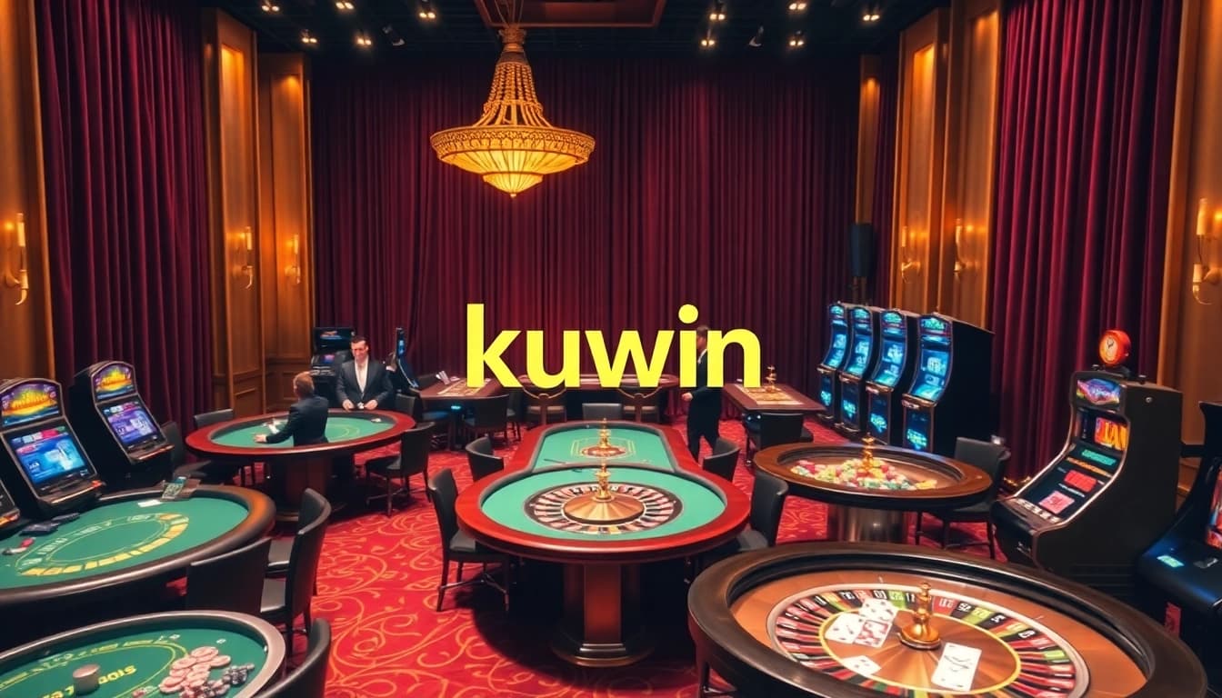 Kuwin casino scene with vibrant tables, chips, and engaged players in a luxurious atmosphere