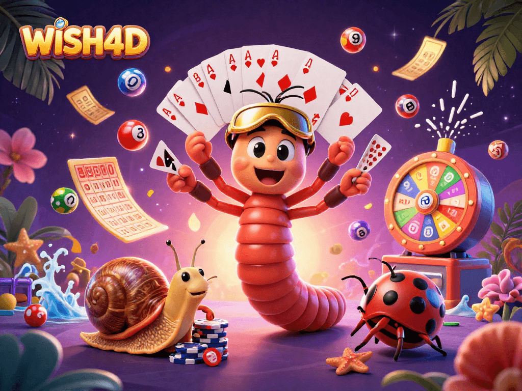 WISH4D showcases a lively casino scene with animated characters and colorful game elements.