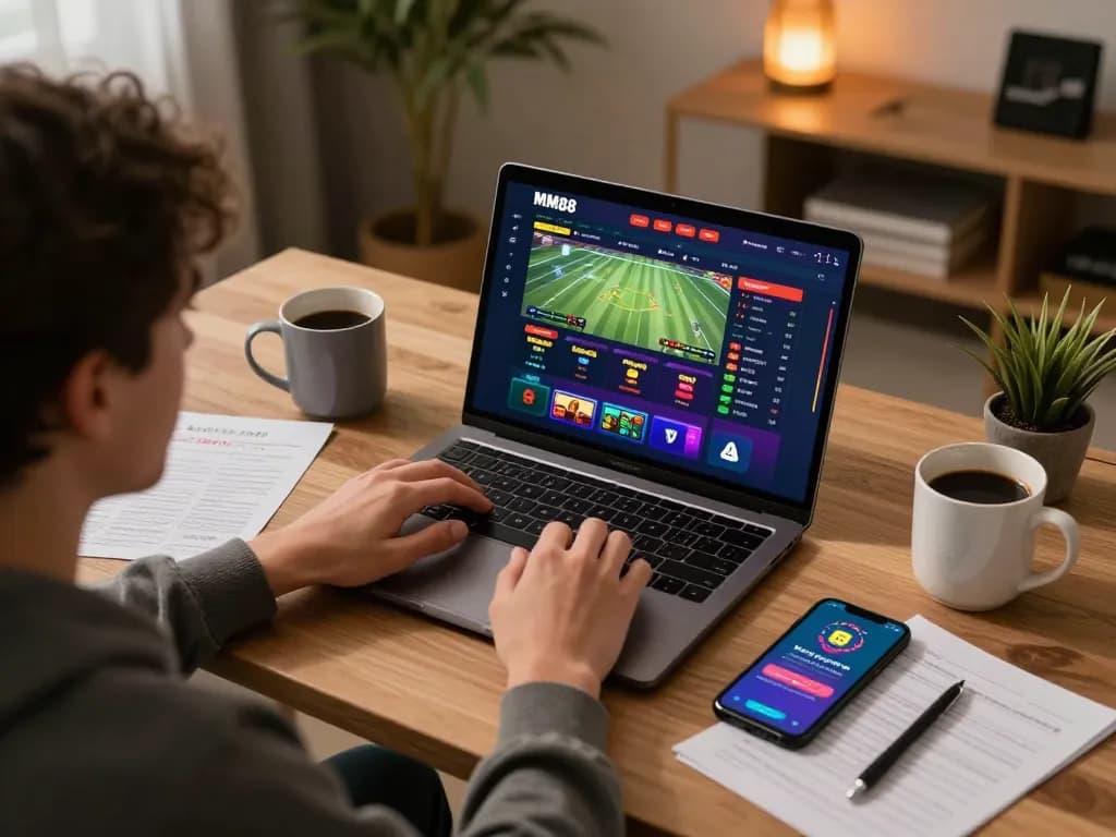 Person engaged in online gambling using MM88 on a laptop in a cozy home office.
