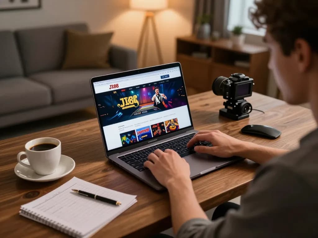 Engaging with the J188 online casino platform while enjoying a cozy home gaming environment.