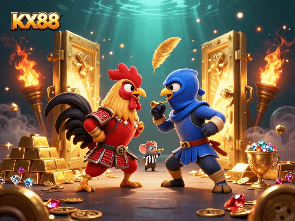 KX88 sports betting excitement featuring twin roosters in an epic casino showdown with gold treasures