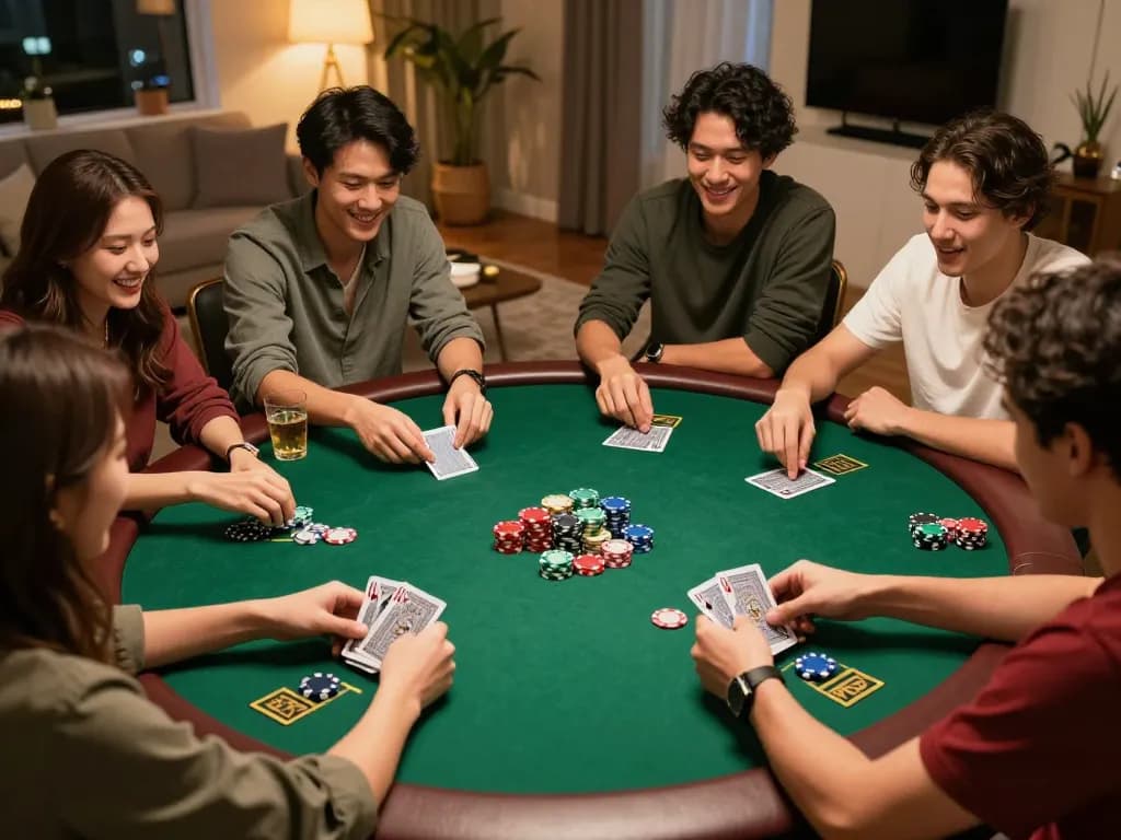 Friends playing poker with high stakes and j88 chips in a cozy home atmosphere during game night.