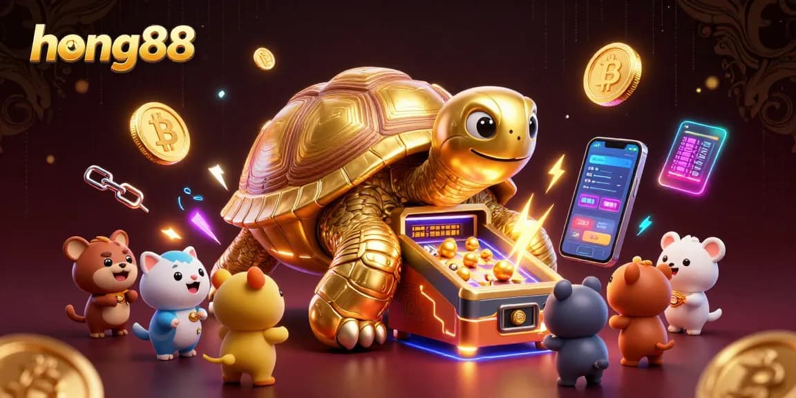 Experience thrilling gaming action with hong88, featuring a golden tortoise pinball machine and crypto elements.