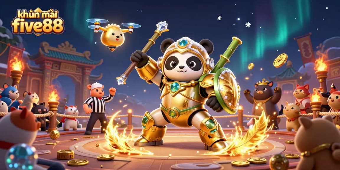 Experience thrilling khuyến mãi five88 offers in a vibrant casino battle illustration with exciting gaming elements.