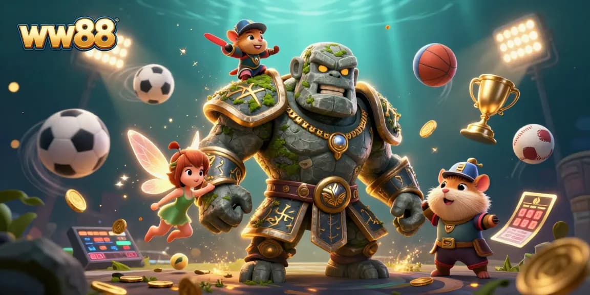 Engage with the excitement of ww88 through dynamic sports betting, featuring a 3D golem guardian.